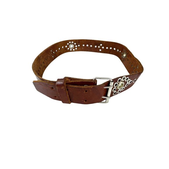 Vintage Brown Leather 1970s Grommet Belt 31” Punk Western Style Double Prong - Picture 2 of 6
